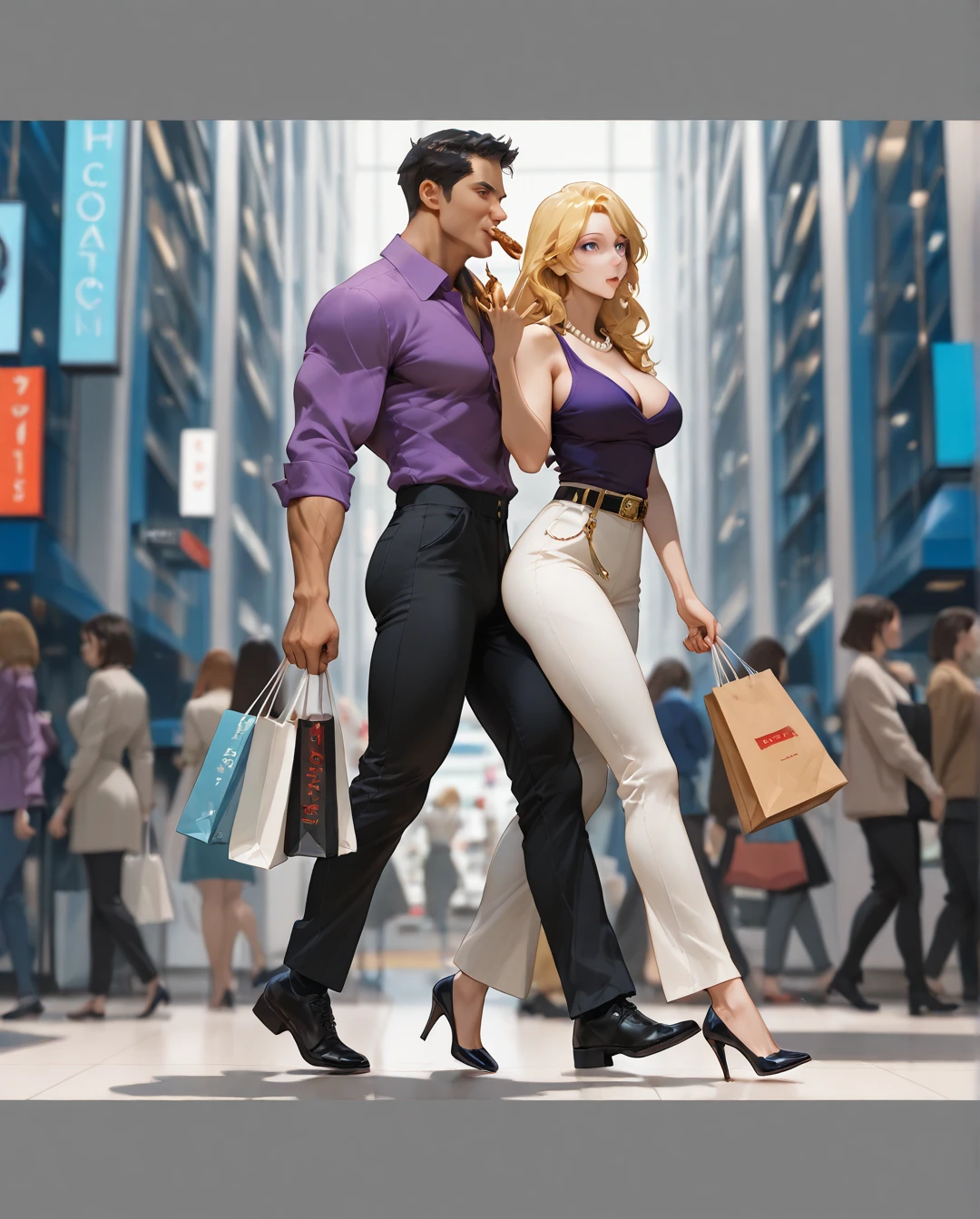 Young beautiful woman in pink dress walking with middle-aged man in pink shirt, cyberpunk, neon, light, couple walking hand in hand, man with glasses walking with young woman, cute couple, dress with pink broken flowers with suspenders, shadow screenshot, walking together, holding hands, wearing red cheongsam, wearing fluent clothes