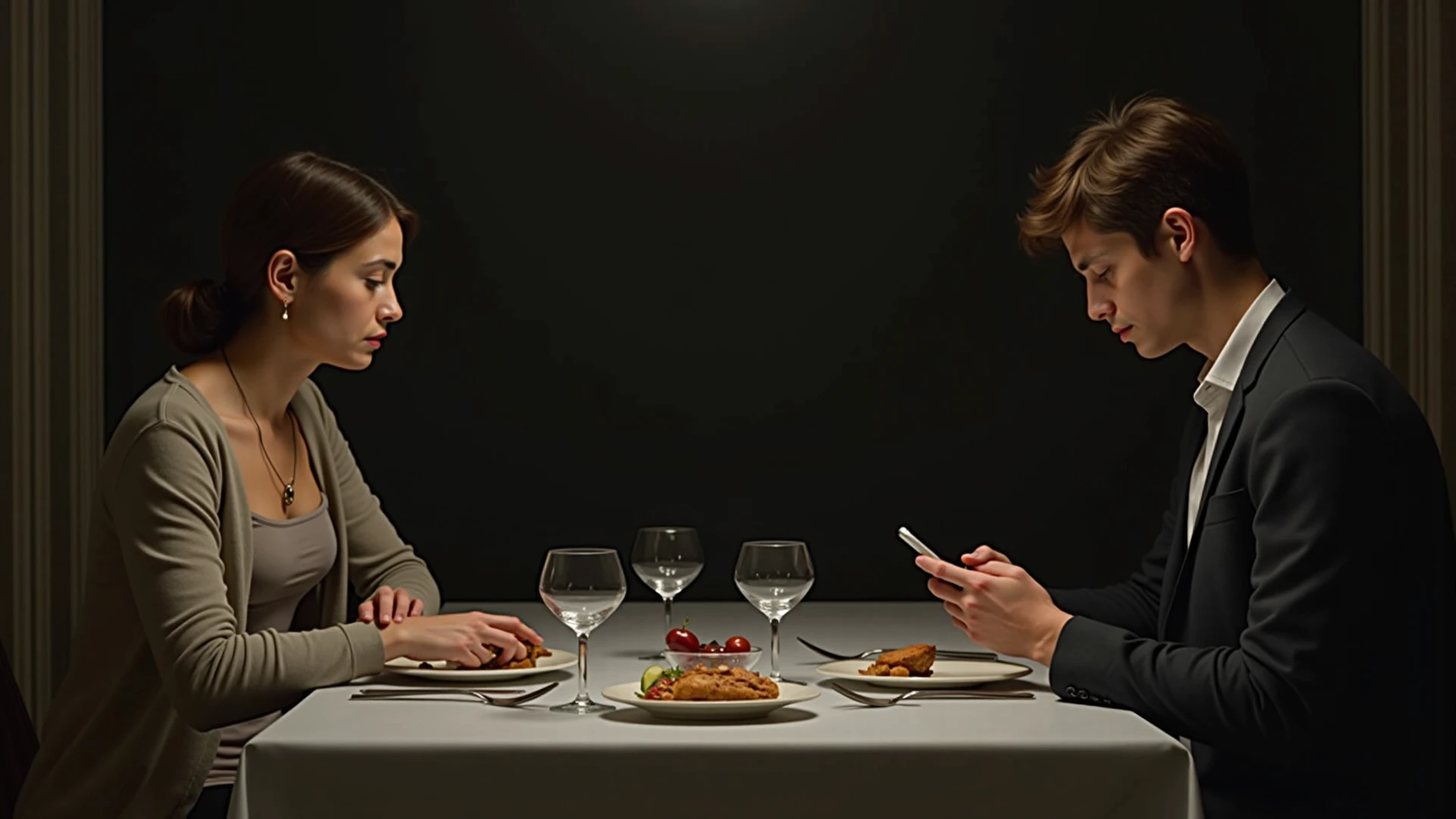A couple, man and woman sit at the dinner table, they have cell phones for faces (apps running) and have crying human faces in their hands being used like cell phones, surreal scene