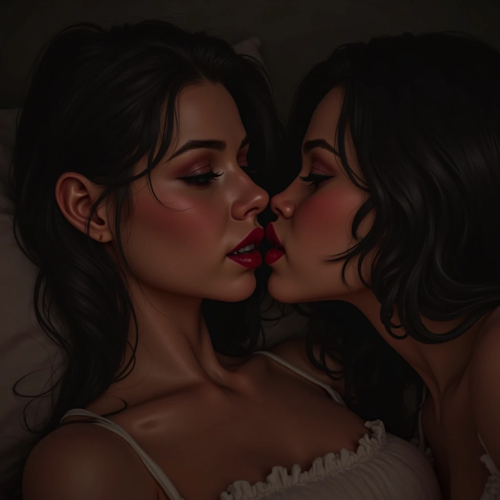 lesbian girl, white skinned girl, licking black flower, closed eyes, her lips and body are wet, the white skinned girl's hair is Sleek Middle Part Hair look, reduce illumination from top, add illumination from a 360 view from below the horizon, sexual pose, realistic style, first sex fanart, realism artstyle, realistic artstyle, hyperrealistic teen, high quality fanart, artwork, conversing, 8k, realistic art style, passionate sexy pose, detailed realistic expressions, realistic picture, lesbian experience, showing love, the girl's off center is bound big bone african american girl, faint kiss marks with faint lipstick and faint mascara color rub-off smeared on one another's skin, white skinned girl's hands are holding a black rose and is pricked by one thorny rose. the prick mark is bleeding, white skinned girl is showing black skinned girl that she is ready to lick black pussy, convert to front view,