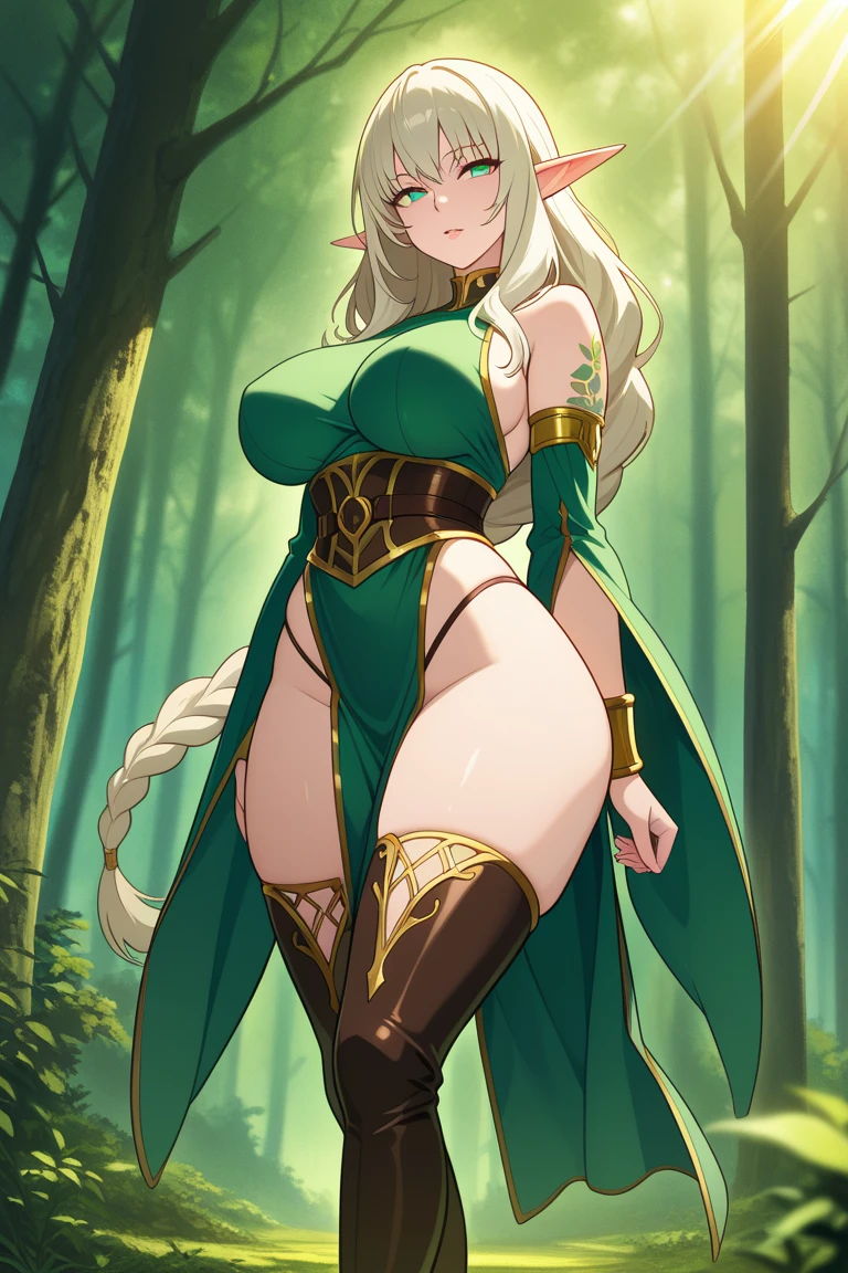 A woman,Long blond hair,Green helmet,in the forest,Wearing a black bikini,Long legs,Nipple protrusion,Twenties,exposed,Black high heels,Huge breasts,超级Huge breasts,Standing