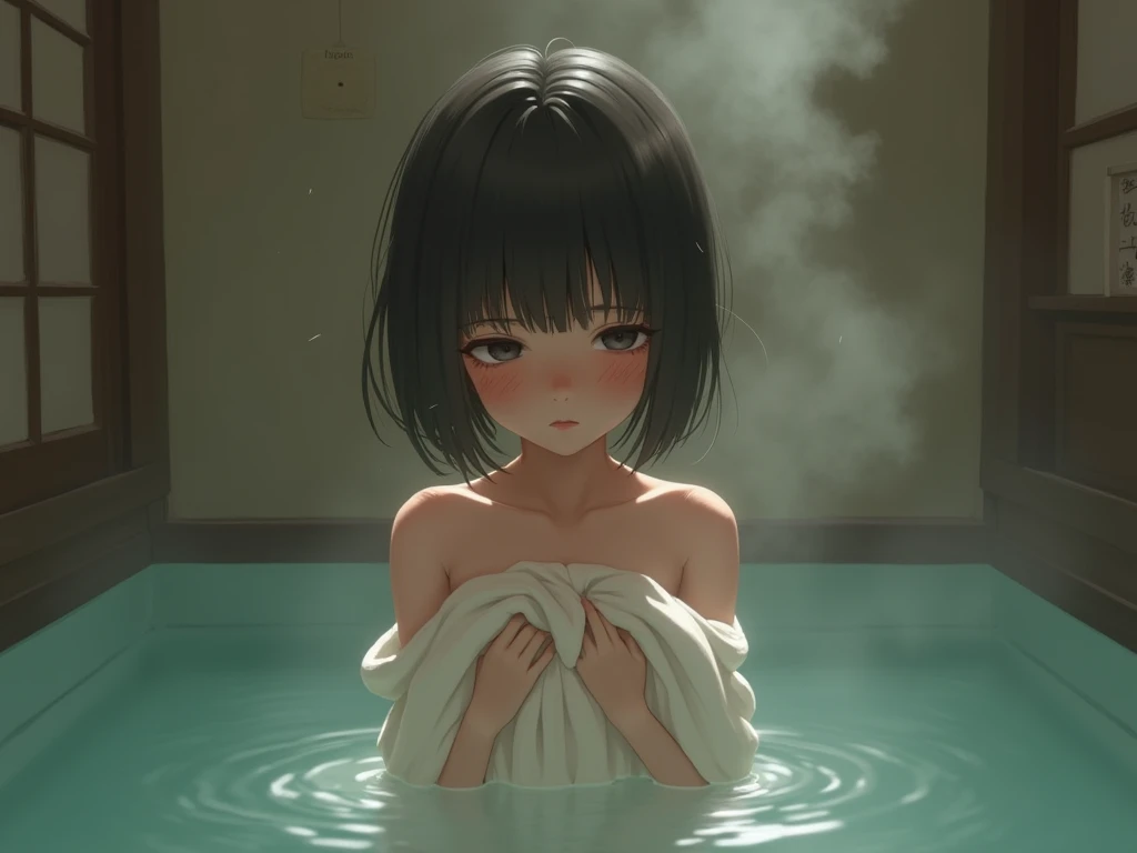 masterpiece,highest quality,Very detailed,One girl,alone,Scared,Panic,The pupils constrict,shout,Raise your eyebrows,Are crying,Eyes Wide Open, White swimsuit, One piece swimsuit, Idol Master, Miho Kohinata, Black Hair, Short Hair, Watery eye, Punishment, Crying face, scream, I am in agony, Desperately struggling, whole body, shame, boiling water，steam, whole bodyが水槽の中, Bright red skin, Withstands the heat, Being boiled, Boiled in a pot,Ironing, Transparent bathtub
