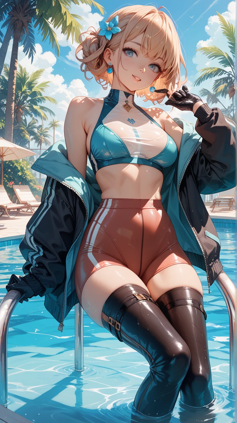 ((From before、True Face、Shot from a little below、Light up from below))、Beautiful and cute girl、(((stand、Twin tails)))、highest quality、ウルトラ - High resolution、High resolution、Highly detailed CG、8k unit wallpaper、17 years old、A detailed and beautiful face、Detailed and beautiful eyes,(((Large Breasts、Platinum Blonde Hair、contrast)))、((((( Brown Skin:2、Dark Skin:2 , Cleavage ,Moist eyes)))))、(Black glossy body:1.8),((Sunburn mark))、((((((loose socks、Sweat、Orange Bikini、Glowing headphones、High heels、Sit on a chair with your knees wide apart、Brush your hair up))))))