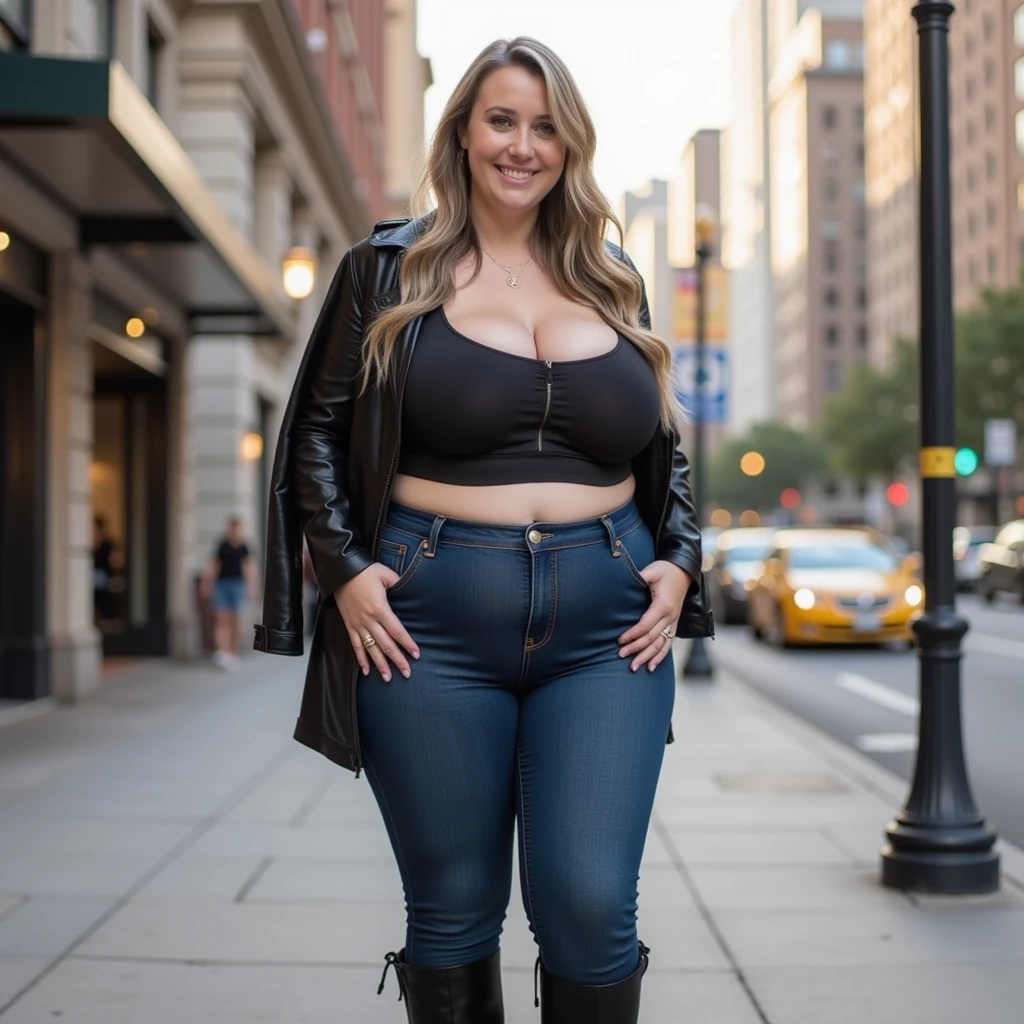Beautiful 65 year old grandmother, mulher idosa de cabelos brancos, in profile to the camera showing a spectacular body in pearl-colored jeans, cintura muito fina, quadril largo, beautiful grandmother, linda velha, night and urban scenery with bokeh and reflections in the camera