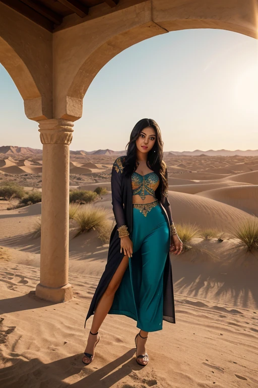 masterpiece, absurdres, sublime, alluring, highly detailed, 8k uhd, (seductive:1.23), a 4k realistic photo of princess Jasmine walking across a sand dune, (medium shot:1.3), blue (arabian clothes, pants)), (exposed breasts:0.9), (multi-tied hair, long hair), sunlit, (ancient Arabian city in the distance:1.34), (JasmineWaifu:1) <lora:Jasmine_character:0.6> <lora:SDXLrender_v1.0:0.6> <lora:add_detail:1> <lora:popular:1> <lora:epiCRealismHelper:1>