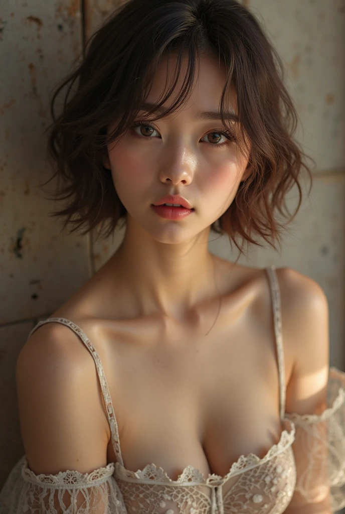 Mix 4, (8k, Live Shooting, Highest quality, masterpiece: 1.2), (Real, Photorealistic: 1.37), 一人のgirl, cute, night, rain, Wetty, Professional Lighting, Photon Mapping, Radio City, Physically Based Rendering, Gradient black hair, Gray Hair, Short Curly Hair, good looking, girl, Highest quality写真, High resolution, 1080P, (Clear Face), (Detailed face description), (Detailed hand description), (masterpiece), (Exquisite CG)、Extreme light and shadow、Disheveled Hair、Masterwork、Rich details、(Fine facial features)、(Highest qualityの写真)、(Masterpiece)、(Detailed eyes)、Look in front of you、Detailed clavicle、((Mid-breasted))、Nipple erection、Sexy、Lady、Clear、Smooth Hair、Clothes are not shiny、Bed、Light clothing、See-through clothing、The skin is visible through the skin、