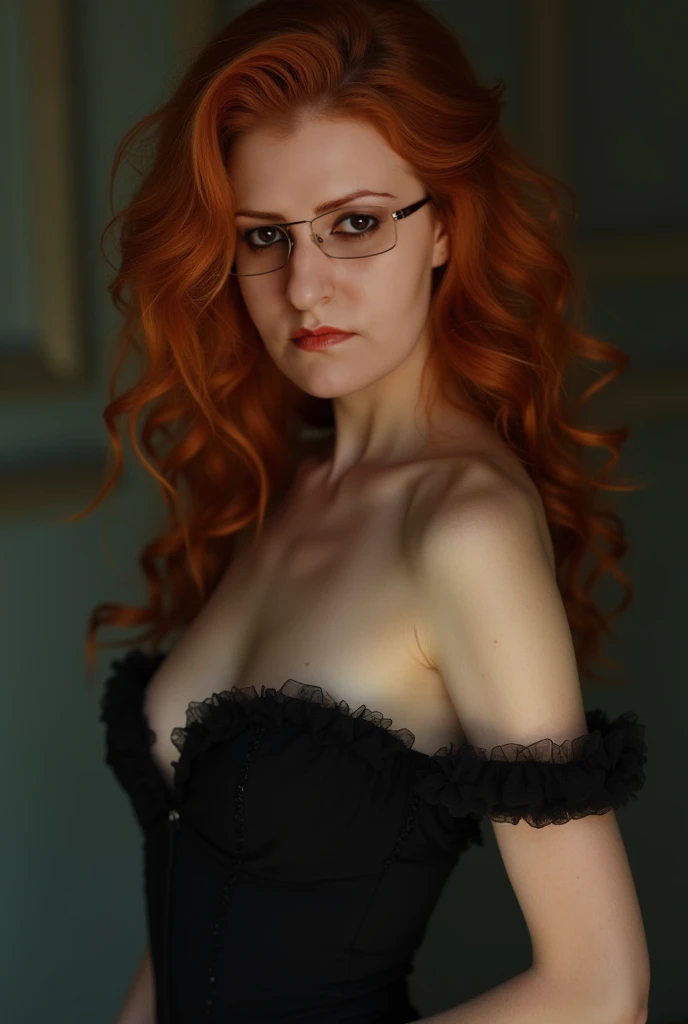 UHD, masterpiece, anatomically correct, Super detailed, surrealism, red hair,glasses with goldenboard,beautiful female model,smooth skin, (Gothic style maxi dress with intricate embellishments), necklace,breasts out of dress,see through clothing, ring accessories, Lace Accessories, side ponytail, perfect face, beautiful face, charm, big and gorgeous eyes, blue eyes, Purple lips, dark makeup, glamorous body, plump body, (big ass), (wide hips), movie light effects,smile