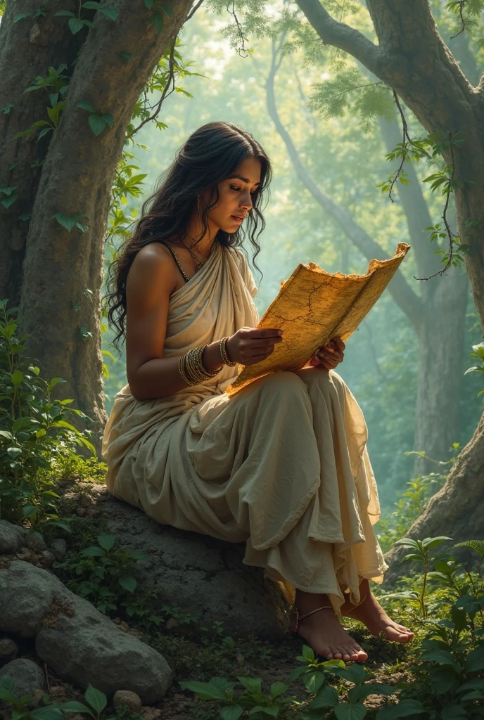 एक खूबसूरत लड़की जो किताब लिए बैठी हो जिसकी गर्दन पर पूजा का टैटू बना हो और उसे कृष्ण पीछे खड़े देख रहे हो