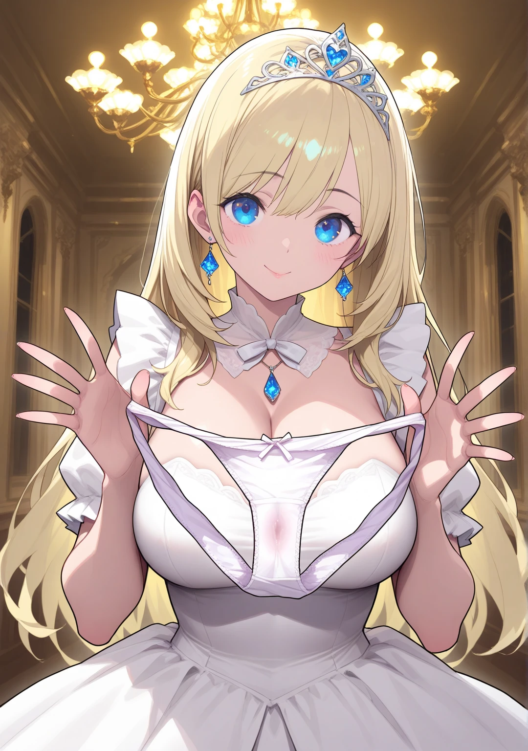(precure, magical girl:1.1), loli, pale yellow hair, green eyes, impossible hairstyle, hair ribbon, huge breasts, cure brassiere, shiny magic effect, dark background