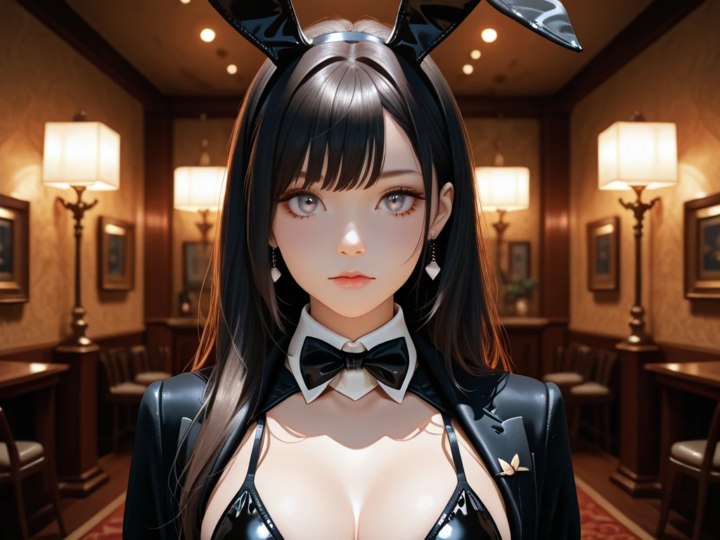 Cosplay da coelhinha da play boy em uma roupa colada, (black synthetic and futuristic play boy bunny uniform). Uma mulher magrinha de cabelo preto comprido, efeito de sombras de janela sobre ela, vestido preto de renda rodado e curto sem alsa rica em detalhes, tecido de renda, luz de janela com sombras fotografia profissional tirada apenas com luz natural de janela, cintura fina, quadril fino, cabelo e magrinha, absolute black friendly fabric, decote, bonded uniform made of synthetic carbon material, uniforme ultra realista detalhado, rosto pequeno europeia, uniforme preto, pose sexy, rua escura a noite de fundo. (ultra realistic and detailed photography, best quality, realistic photography style, sexy, cinematic effect, ultra realistic and detailed cracked skin, slim waist, provocative pose. Blurred background highlighting the character of a sensual nurse, high shadow curve, maximum sharpness , full HD resolution, photography with wide-angle lens, f1.2 background blur, dark vignette, highlighted shadows, low light).