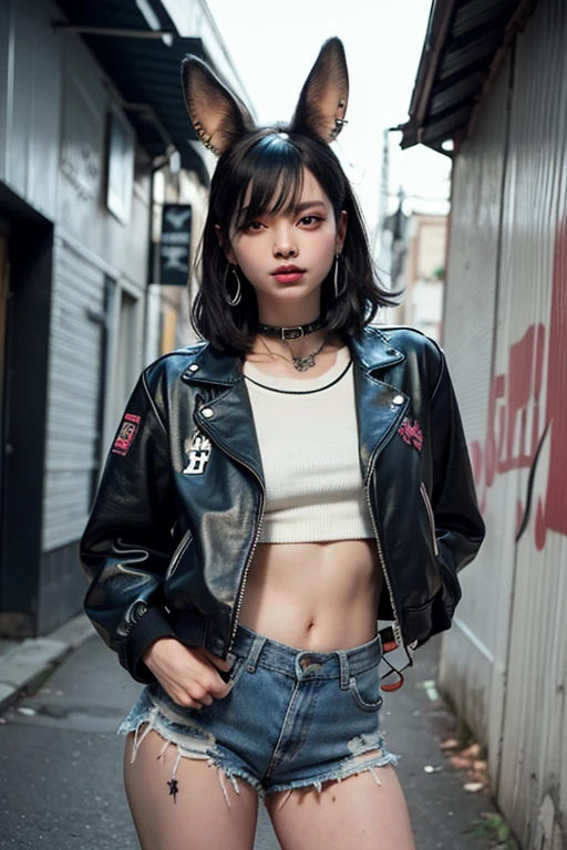 One girl, Gray Hair, Long Hair, Techwear masterpiece, highest quality, Realistic, Dark purple jacket, Portraiture, Fine grain, Wearing the headset, Platinum Hair, 21 year old girl, Fashion pose, Half Body, Wide shot, on the road, cyber punk,(((He has many tattoos all over his body)), (((Tight waist))), ((Big Breasts)),(See-through),panties