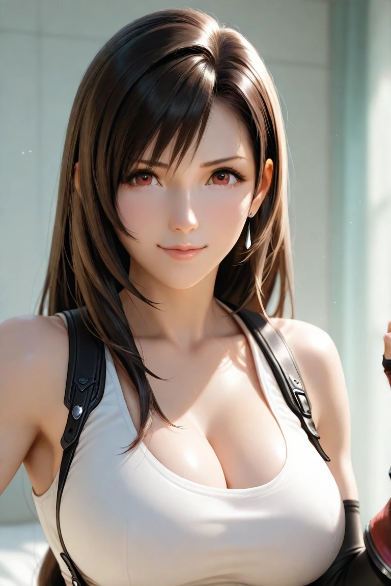 Tifa Lockhart, (skin texture:1.1), high detail face, high detail body, big detail sexy clothes, (masterpiece), (realistic), ultra high definition, 4k, ultra high resolution,wearing tight shiny leather lingirie