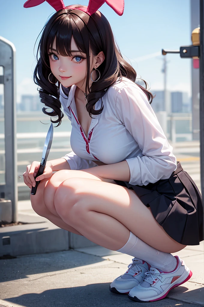 1 Beautiful Girl, Beautiful face, (Slender body:1.2), Realistic, extremely detailed CG unified 8k wallpaper, ighly detailed, High-definition raw color photos, professional photograpy, Realistic portrait, Cinematic Light, Beautiful detailed, (Beautiful breasts), (cleavage of the breast:1.2), (Uniform with wide open chest:1.2), (Mini skirt:1.3), (No panties:1.5), cameltoe details, Indoors, School, (sitting on the desk:1.3), ((Legs wide open)), Armpits, (hands behind head), (Best Quality:1.4), Super Detail, High quality, (View from below)