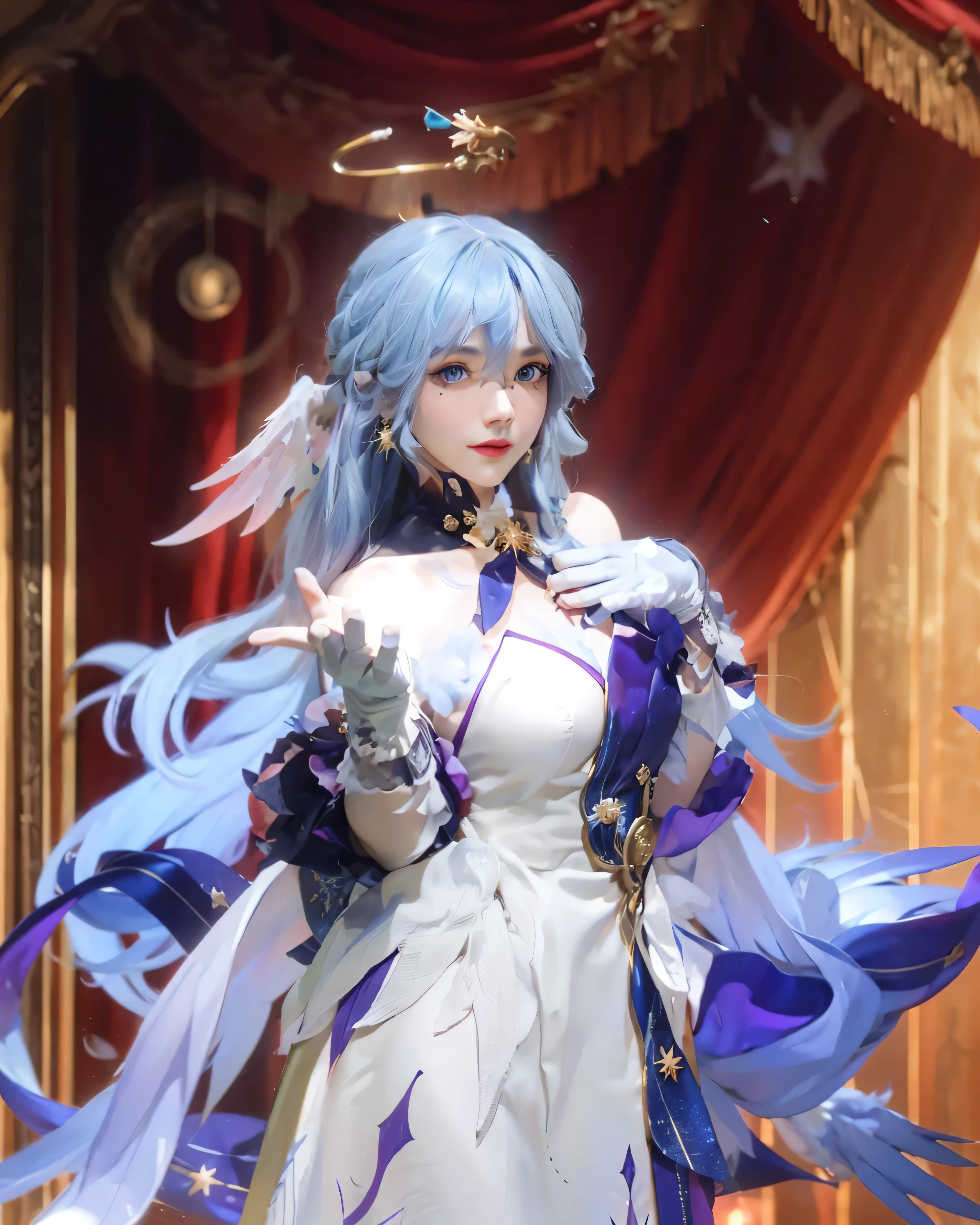 ((ROBIN_HONKAI STAR RAIL),((realistic, photorealistic)),(highlight hair)), Light reflection, (( HD )),((upper body)), (((best quality, masterpiece))), (masterpiece) (best quality) (detail) (8k) (HDR) (wallpaper) (cinematic lighting) (sharp focuasterpiece, best quality: 1.1), Real life adaption of this character, Asian beauty face, Shining Purple eyes, realistic outfit, realistic shadow, realistic light, realism, hyper realistic, realistic background,(photorealistic:1.2), masterpiece, best quality, 1girl,robin,head wings,strapless dress,white gloves,white dress,purple dress,collarbone,Background of open window room, accessories,1girl,solo,halo,long hair,blue hair,hair ornament,earrings,mole,blue eyes,jewelry,white gloves,bare shoulders, white dress,
grey background, cowboy shot, light smile,light on face,score_9,score_8_up,score_7_up,1girl,robin_\(honkai:_star_rail\),head_wings,bare_shoulders,white_gloves,detached_sleeves,strapless_dress,white_dress,short_sleeves,white_pantyhose,1boy, animated male character, score_9, score_8_up, score_7_up, offscreen partners, twink, thin body, athletic, toned muscles, athletic body, masculine face, bubble butt, big butt, motion lines, smiling, jack-o' challenge, Earrings, grey hair, upper body, bangs, Wings on ears, halo,Stage backdrop, red curtain, spotlight,Roots creeping on the hands, blinks, lens effect,
