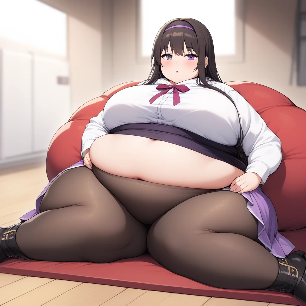 (masterpiece, best quality), 1girls, big belly, blurry background, huge belly, art by kipteitei, round belly, chubby, curvy, white button-up shirt, skirt, thighhighs, simple_background, gradient_background, belly bursting out of shirt, belly grab, enormous belly, fat belly, thicc, bigger belly, sitting on chair, really big belly, jiggly belly, shirt covering belly, belly cover by shirt