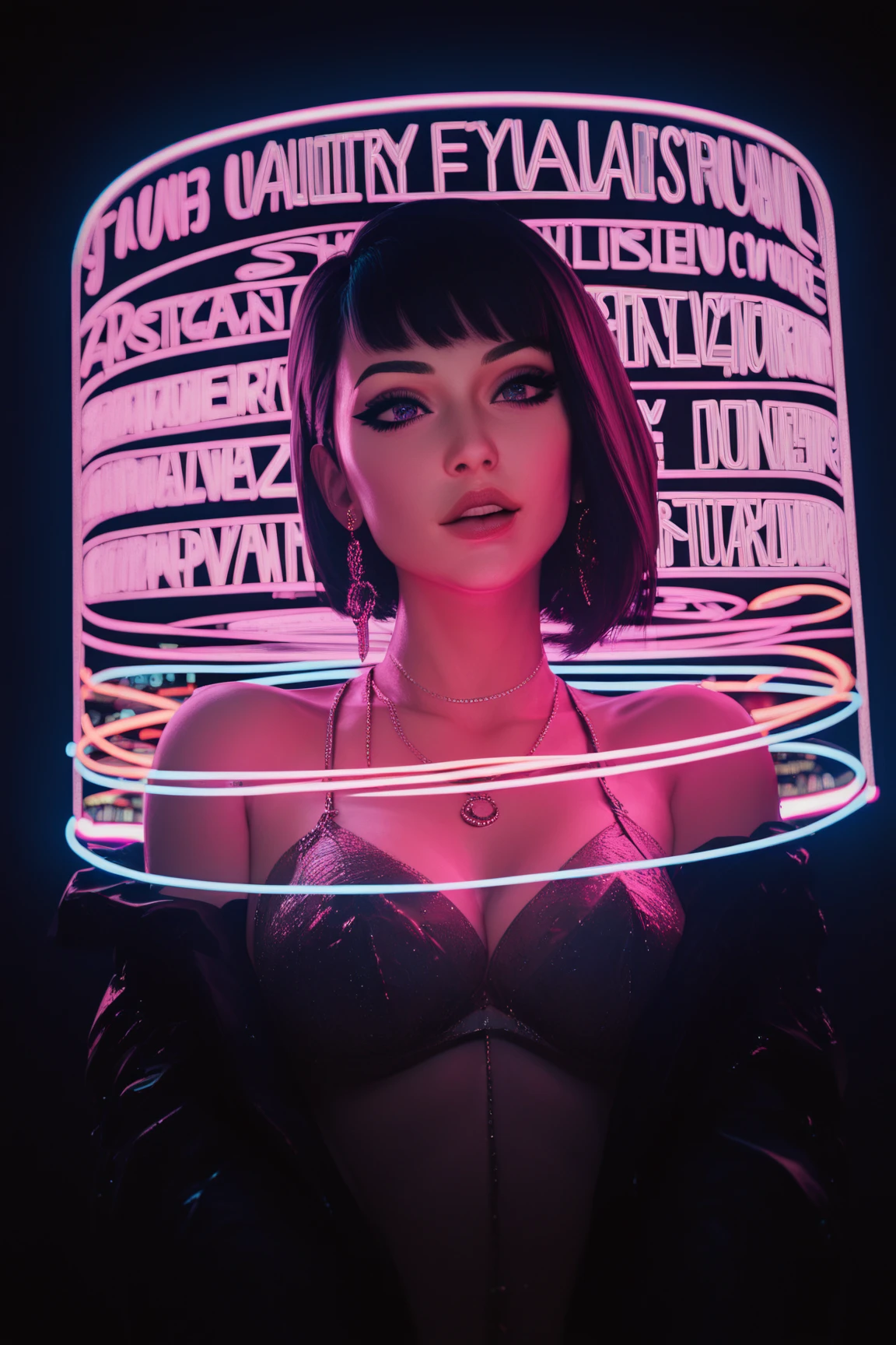 neonpunk style colored skin, 1girl, looking at viewer, makeup, Fluorescence, upper body, black hair, breasts, zipper, midriff, beautiful, delicate, warm colors, cool, generous, intricate, symmetry, highly detailed, dramatic ambient background, sharp focus, illuminated, deep rich vivid, artistic, fine detail, striking, sublime, singular, heroic, elegant
<lora:FluorescenceXL-000008:1>, , <lora:FILM_PHOTOGRAPHY_STYLE:0.25> . cyberpunk, vaporwave, neon, vibes, vibrant, stunningly beautiful, crisp, detailed, sleek, ultramodern, magenta highlights, dark purple shadows, high contrast, cinematic, ultra detailed, intricate, professional