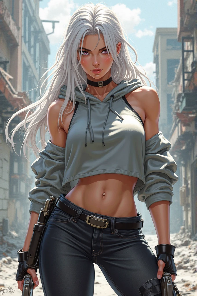 Realista (masterpiece), best quality, expressive eyes, perfect face, highres, 1girl, solo, angelms, white hair, jacket, ahoge, fingerless gloves, midriff, panties, cleaveage, hands to hips, leaning forward, smiling, fanstasy background, particles, magic, standing,cowboy shot, looking at the viewer, from front
