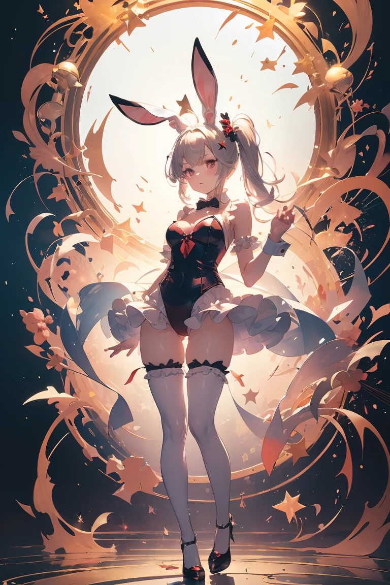 "Masterpiece, best quality, super detailed, illustration, portrait, black silk bunny girl in tights with open belly button, slender legs, distinctive pink eyes, blonde hair plus seemingly pink, prompts the following code: " --auto --s2