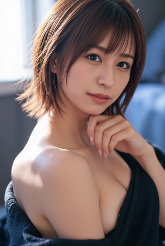 masterpiece, best quality, highres, 1girl, solo, anastasia (idolmaster), idolmaster cinderella girls, blue eyes, short hair, grey hair, black dress, cowboy shot, , closed mouth, upper_body,