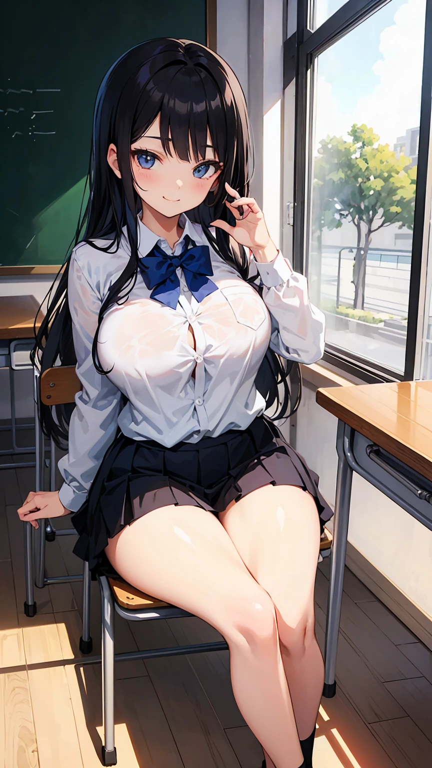 the girl with the skirt has a large flat ass and she is sitting down, 1girl, skirt, solo, shirt, breasts, outdoors, sitting, thighs, bow, smile, long hair, looking at viewer, bowtie, white shirt, black hair, bangs, school uniform, pleated skirt, black skirt, collared shirt, closed mouth, tree, large breasts, blue eyes, short sleeves, day