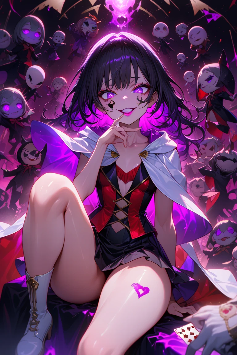 "The clown is grotesque,Spooky image,Disturbing and mysterious characters,fancy dress with cleavage,The face is hideous,Unique makeup,flashing lights,Pleated clothing,Exaggerated action,Bustling stage background,Confused atmosphere。"