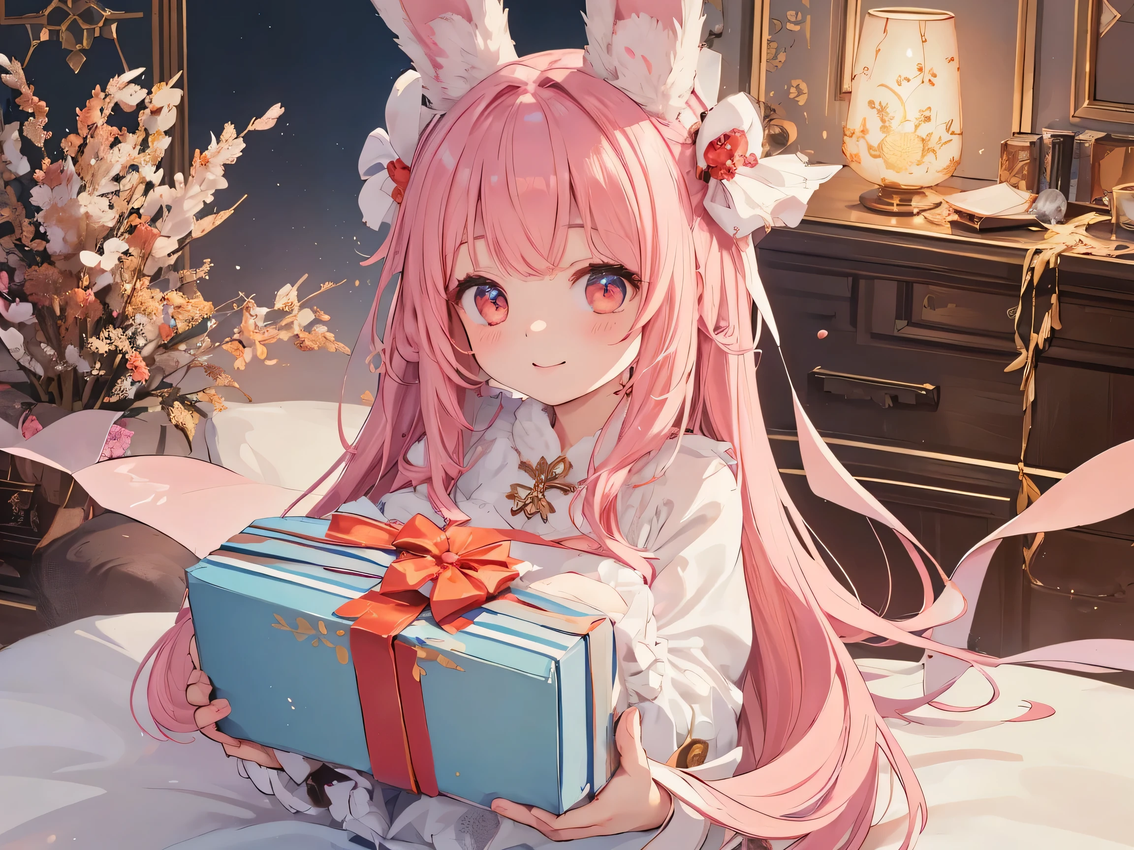Please generate an image:a girl,with a gentle smile,Slightly flushed cheeks,with a pair of cute rabbit ears on her head,holding a beautifully packaged gift box with both hands。Coral dragon horns adorn it, Create a dream 、cozy atmosphere,Picture style is off illustration or two-dimensional。