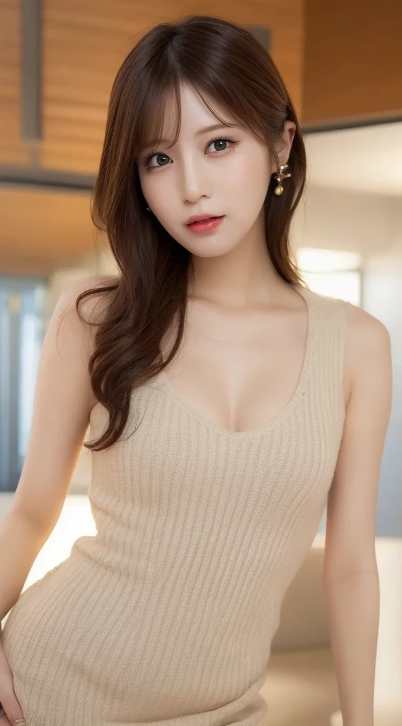 masterpiece, Best Quality, Illustration, Super detailed, Sex , Download in high resolution, 8k wallpaper, Perfect Dynamic Composition , beautiful detailed eyes, natural lips, Sexy Knitted Dress , Small Breasts, , random y pose, full body