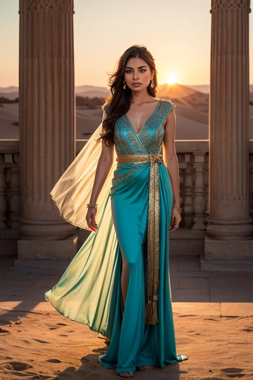 (medium full shot) of (enchanting arabian princess) young woman, Medium build, black hair, wavy hair, brown eyes, tan skin, wearing a jeweled tiara adorned with flowing veils, turquoise organza dress with intricate patterns, mules with chic design, glossy lipgloss, gold armband statement earrings, set in Minaret Tower, Towering structure with a winding staircase, panoramic views of the city below, the call to prayer echoing across the rooftops, the setting sun casting a warm glow over the landscape , at night, woman smiling, ,Masterpiece,best quality, raw photo, realistic, very aesthetic