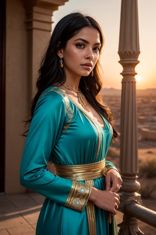 Generate a highly detailed, realistic AI model of a beautiful Moroccan girl in an urban setting. She stands at 5'6" with a slender yet graceful build. Her skin is a warm, golden olive tone with a natural glow. She has long, thick, wavy hair that cascades down to her mid-back, in a deep, rich black color with subtle hints of dark brown. Her almond-shaped eyes are a striking shade of amber-brown, framed by long, dark lashes and well-defined eyebrows that arch gracefully.
In this scenario, she is dressed in a modern, urban outfit perfect for exploring New York City. She wears a stylish, fitted black leather jacket over a white silk blouse, paired with high-waisted dark jeans and ankle boots. A chic scarf is loosely wrapped around her neck, and she carries a sleek, black crossbody bag. Her accessories include minimalist gold hoop earrings and a matching bracelet. Capture her confident and cosmopolitan personality through a poised, self-assured expression as she stands on a bustling city street with skyscrapers in the background.
Ensure the details in her clothing, especially the textures of the leather jacket and jeans, are rendered in high resolution. Use a soft, ambient lighting setup with natural shadows to enhance the realism of her skin tone and the reflection of the city lights on her hair and clothing. The model should be in a portrait orientation with a 1024x1792 aspect ratio to showcase her full body and attire.