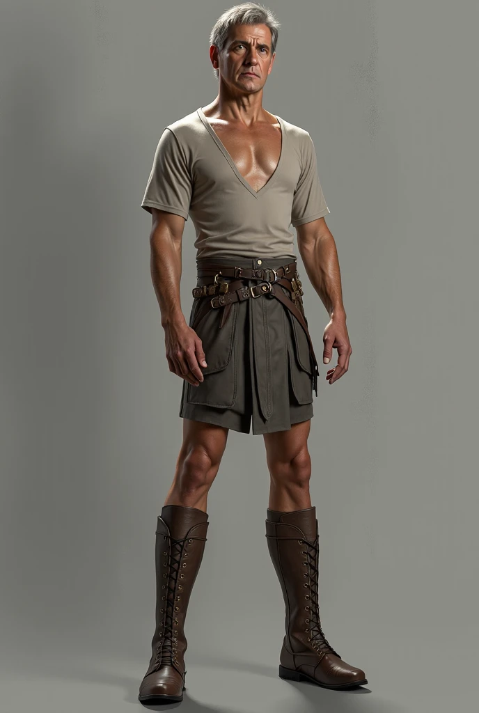 Brazilian man, 20 years old, short light brown hair, eyes browns, seductive appearance, average physique, shorts de suor cinza, wearing no shirt, a gray wolf-shaped collar around the neck, bricklayer costumes, a little dirty with cement, lama suja boots. 