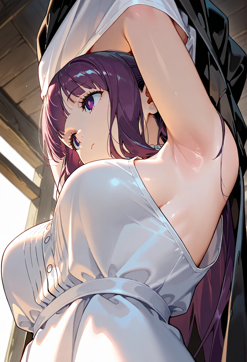 1girl, beautiful face, ((white eyes)), sexy pose, Red moon in the background, stars, space, (lightroom:1.13), soft light, (natural skin texture:1.2), (Hyperrealism:1.2), sharp focus, focused,[[realistic]]Front open shirt、Jacket、G-cup bust、Reddish-purple hair、Purple bra、skirt、Glamorous figure、Big Ass、Side view、

