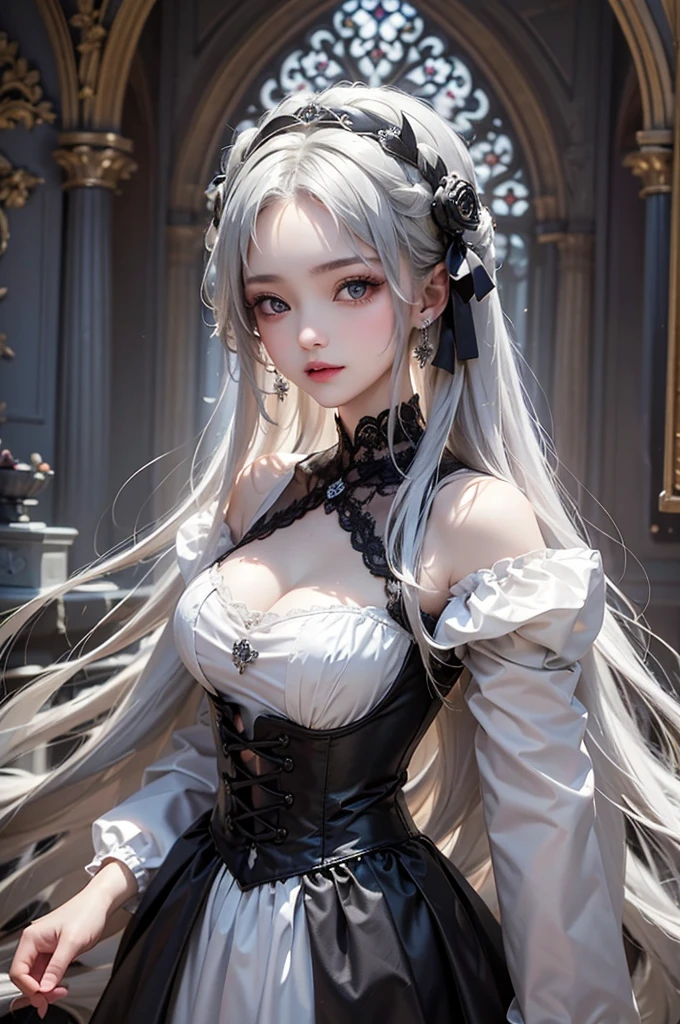 (masterpiece:1.4, best quality, 8k, dutch angle,Realistic、Photorealistic illustrations, Every detail、Intricate details)(1girl, solo)(cute girl, Detailed faces down to the smallest detail、 huge beautiful breasts, beauty white hair:1.5, Cute Asian Girl、Beautiful cleavage)(Gothic、Lolita Costume、black gothic dress、Monotone dress)(arms behind body. floating hair)(Night view、Britain in the late 20th century、A row of stone houses、out door、moon、Soft Light、Fantastic lights、Beautiful hair that shines through the light)