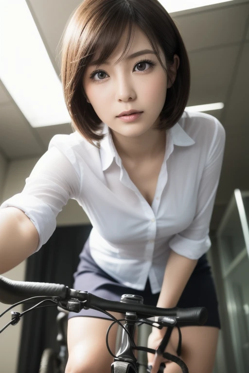 (RAW Photos), (Realistic), (masterpiece), (Highest quality), High resolution, 8k resolution, (Exquisite detail), (Volumetric Light), woman, Age 35, short hair, Straight hair, Brown haired, Very thin, Very white and clear skin,Highly detailed eyes, Source Sequence, Very thin eyebrows, eyelash,Ultimate beauty,Cute like an idol, smile, (office suits), Sit in the saddle,Beautiful breasts,Beautiful Japanese office lady, Pleated skirt, Random Color, Cute Face, Real Light, Correct ???????, ride a bicycle:1.4、Mommy bike:1.4, There is a basket, Low saddle,Moving bicycle, (((非常にLow saddle, Sit in the saddle))),pedalをこぐ,Hold the handlebars with both hands,Look straight ahead,womanは視聴者を見ていない, pedal, From below1.4、(((Low angle 1.4))), In the city, (((I can see her panties))), Beautiful long legs, (((かなりFrom below:1.4))), Thin thighs, womanをFrom below見上げる視聴者,From below,From below,(((Low angle full body shot, Black pumps,かなりFrom belowの角度, focus on the saddle, Zoom from ground level,From a dog's eye level))), womanは前傾姿勢ではない, Not a car, from the front, 視聴者はFrom belowwomanの股間を見上げる,I can see her knees,womanは片膝をあげる, low angle: 1.4, focus her knee