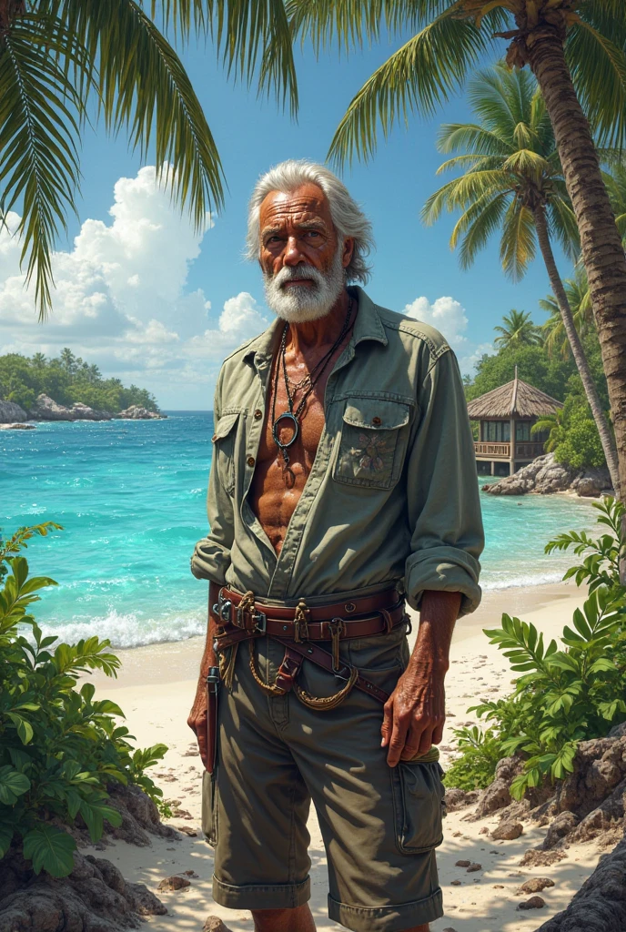 detailed photo,(spring day ),a Lycanthrope wearing necklace,eardrop,Bora Bora, French Polynesia,( Rust Mixing and matching different shades of the same color ),Gray hair Layered hair,<lora:DetailedEyes_xl_V2:0.6>,