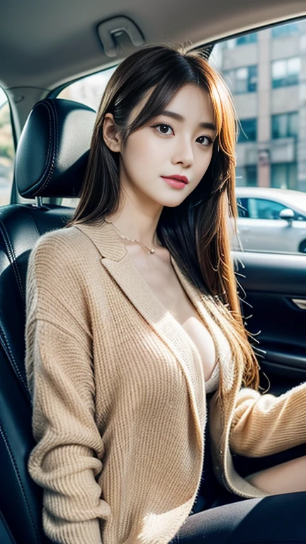 Draw a picture of a rather plump young Asian woman with long, wavy, dark brown hair. She wore a black face mask and a brown blouse that showed a little cleavage. This woman was standing next to the car with the door closed but the car window open, looking down slightly with one hand leaning on the door and the other hand holding the cell phone. point of view (angle) This photo is from inside the car, showing a view from the side of the car door towards the woman. The background is nighttime with dim lighting, and there is some graffiti or mural on the wall behind the woman.