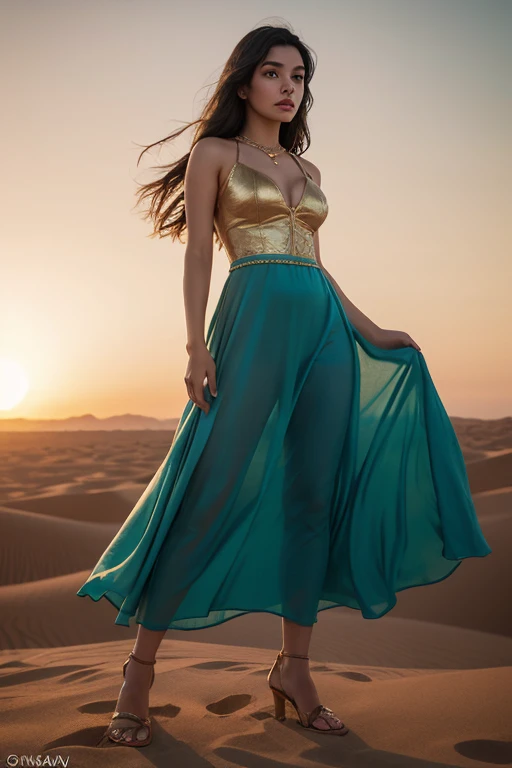 Photo of Cleopatra with natural skin, Short and fluffy black hair, Sharp eyes with blue eyeshadow, The nose is thin and upturned, Beautifully shaped lips, Hourglass body type, Typical clothing, and makeup, Intricate minimalist details, vibrant, Epic, smooth, Cinematic, 4K, The light from the back window is backlighted, Fantasy desert background, and shallow depth of field.