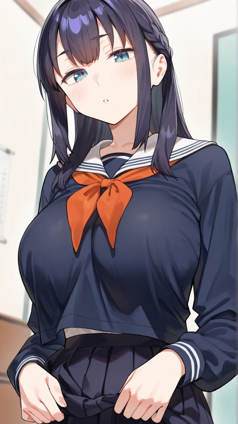 master part, high, high quality, detailed face, detailed body rendering, full body 1girl, solo, nude, hyuuga hinata, large breasts, Dark lips, Standing, Blushes, sexy pose, classroom