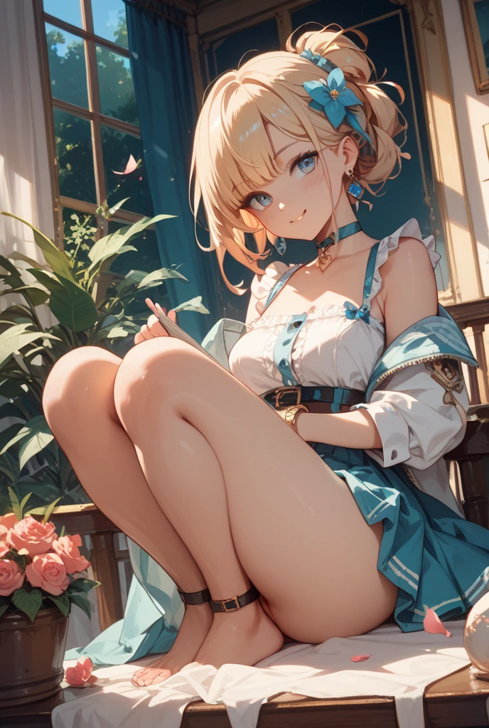 ((Biologically correct limb count)),((Natural finger shape)),((Full Body Shot,Including face)),Standing position,4K,masterpiece,((Focus on the face)),((Symmetrical facial features)),Eye for detailed depiction,Beautiful woman,Excellent style,Beautiful feet,(Small Ass,Thin thighs),(Patterned black stockings,High heels),Facial detailing,Small earrings,necklace,Low angle photo,((Light blue lace bra and lace panties,Lifting the skirt to reveal panties)),Park scenery on a holiday morning,Strong sunlight,(((A facial expression of pleasure))),(((Lean your body back and sit on the ground))),((Hands lifting from under your chest)),(Face the camera),Photograph the side of the body,focus on the crotch,Long blonde
