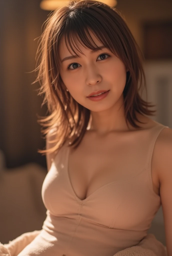 Highest quality, 8K, Tabletop, Realistic, Realistic, , (窓からはLate Nightの大都会の夜景、Ample breasts:1.2), Big Breasts, , , Abundant hips, Detailed face, Beautiful Face, , Beautiful woman,((Gray detailed eyes、Translucent skin texture、A shy smile、Fluffy hair、Light Brown Hair、Big city view from the window、Shaggy Cut、Floating Hair、、Cute Japanese Idols:1.4)). (、short hair、Floating Hair、Parted bangs、Bedroom、Sit on the bed、Place your hands on your feet、Late Night、indirect lighting、Sheer white bra and panties、Ample breasts、Looking into the camera:1.2))