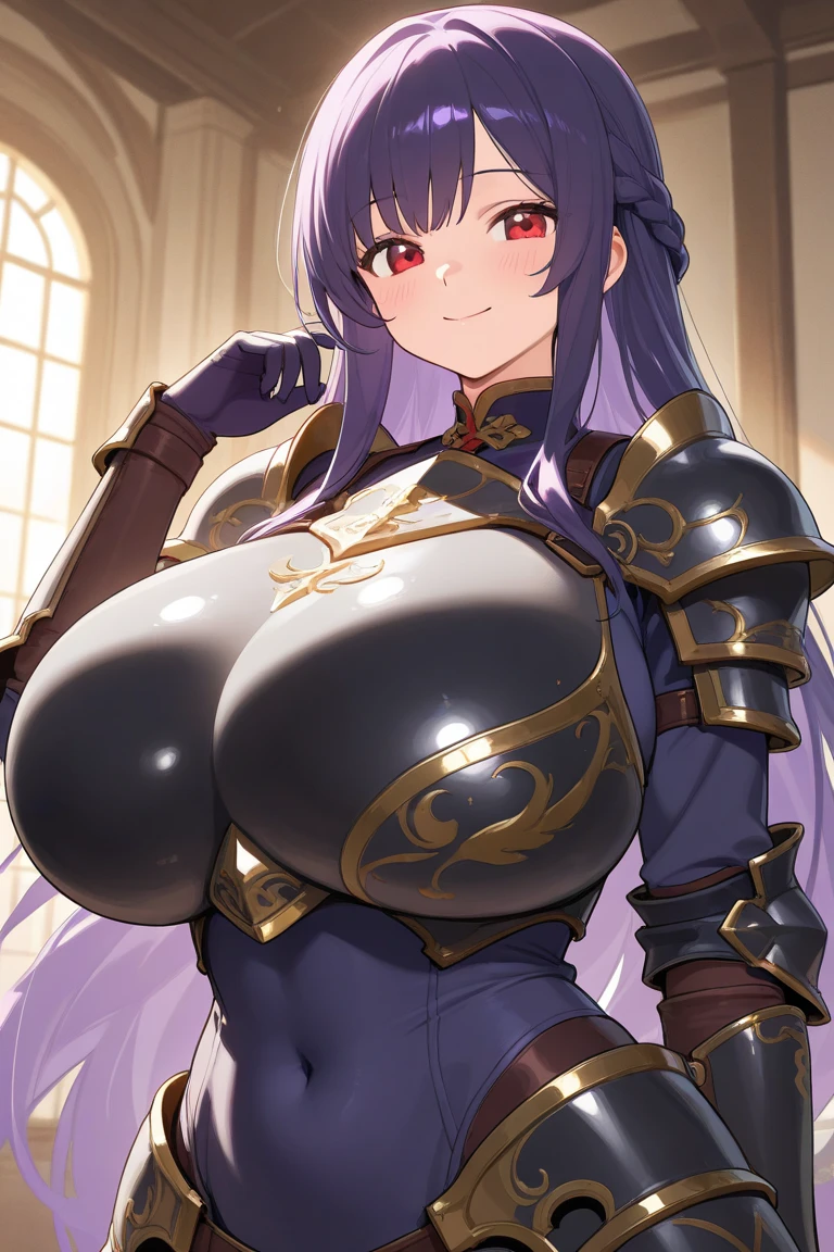 Minamoto no Raikou, (parted bangs:1.2), (purple eyes), purple hair, long hair, hime cut, (forehead:1.5), arm guards, armor, black gloves, bodysuit, fingerless gloves, gloves, japanese armor, kote, loincloth, (purple latex bodysuit:1.5), The clothes fit perfectly, latex has a strong metallic sheen, ribbed sleeves, tabard, toned, (gigantic breasts:1.2), large areolae, Glossiness, shiny, whole body slimy, steamy, sweat, cute face, anime face, (giantess), very giant girl, Aerial Perspective on her, Clouds are hanging around her, dark background, night atmosphere, Towering, very huge girl, overwhelming, her hands are Touching the breasts, breast milk dripping, Emotionless face, blank eyes, brainwashed, NSFW, R-18, tiny city, destroyed buildings, Rubble, smoke