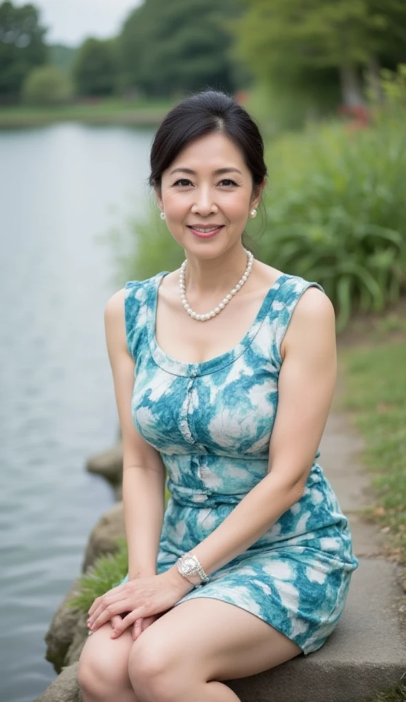 8k wallpaper, masterpiece, Highest quality, Super detailed, One Mature Woman, 50 years old, Become very clear, Wearing a short-sleeved knit, Skin dents, Captivating smile, Looking at the audience, Cleavage, plump, Curvaceous, Fascinating face, Smiling with teeth showing, Wrinkles around the eyes, Sitting on a park bench, Background Blur