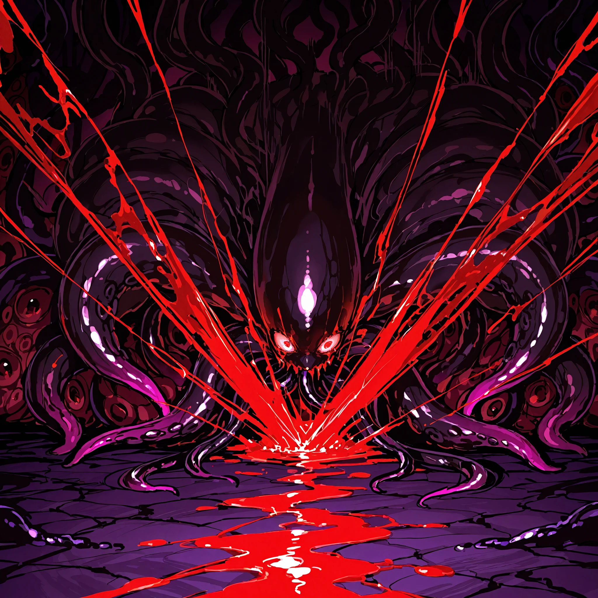 A mass of black tentacles wriggling, background image, darkness, blood, horror,
