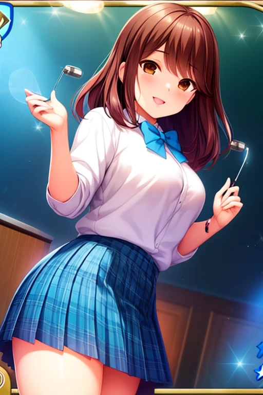 detailed illustration, dynamic angle, ultra-detailed, illustration, 1girl, 1, school girl, white blouse, blue plaid skirt, cleavage, wavy brown hair, long hair, bright brown eyes, cleavage, magic wand, wooden wand, sitting on couch, medium breasts, excited, happy, playful, joyful, proud, eager, living room, magic skirt lifted, no panties