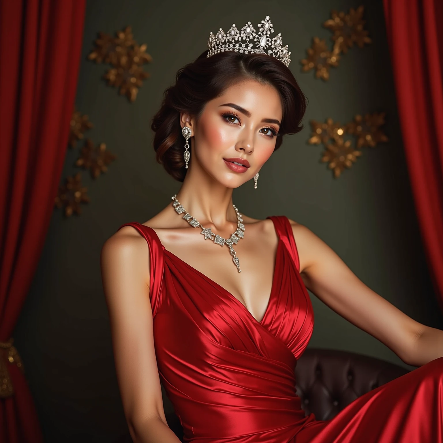 Ultra-real photo of beautiful woman, full body photo, green eyes, detailed eyelashes and eyebrows, red mouth, glow on face, long black curly hair tied on one side of head, tiara, jewelry ornament, wearing black floral dress iridescent red, sexy appearance, bright colors, lots of sparkles, intricate details of her beautiful eyes and perfect face, intricate detailed colorful fractal background of the steam room, analog photo style, bokeh, vintage, faded colors