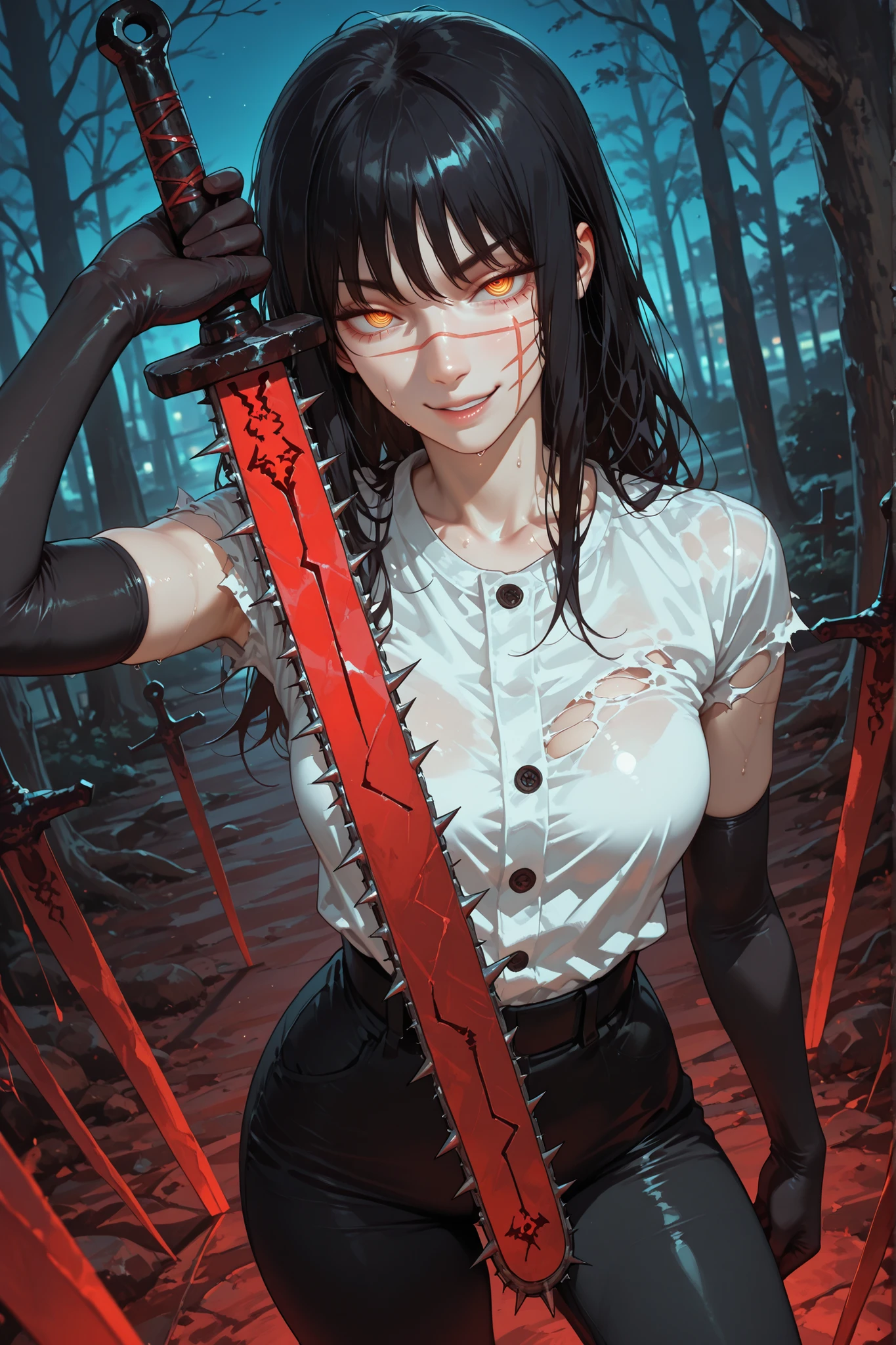 1girl, yoru (chainsaw man), scar on cheek, cross scar, long hair, black hair, yellow/red eyes, ringed eyes, seductive look, ironic smile, sweat, looking at viewer, white shirt, torn sleeves, elbow-length gloves, black gloves, tight black pants, holding a sword in his right hand, sword with red blade and blue aura, standing, outdoors, open field, trees, night, looking at viewer, sexy, sensual, very beautiful, detailed hands, dynamic pose, dynamic angle, seductive, best quality, masterpiece, ultra detailed, very aesthetic