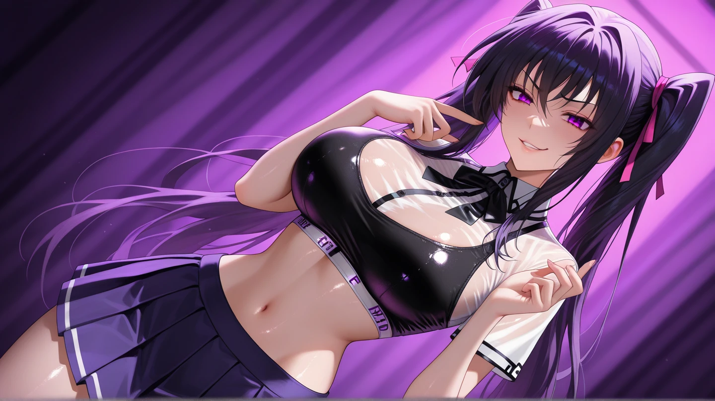 1 girl, long hair, long black hair, ponytail, reaching all the way down to the floor with two strands sticking out from the top and sloping backward, with an orange ribbon keeping it in place, violet eyes, large breast, unbottened shirt, revealing bra, see through bra from shirt, black mini skirt, drenched in sweat, smiling, inside the classroom, looking at viewers,