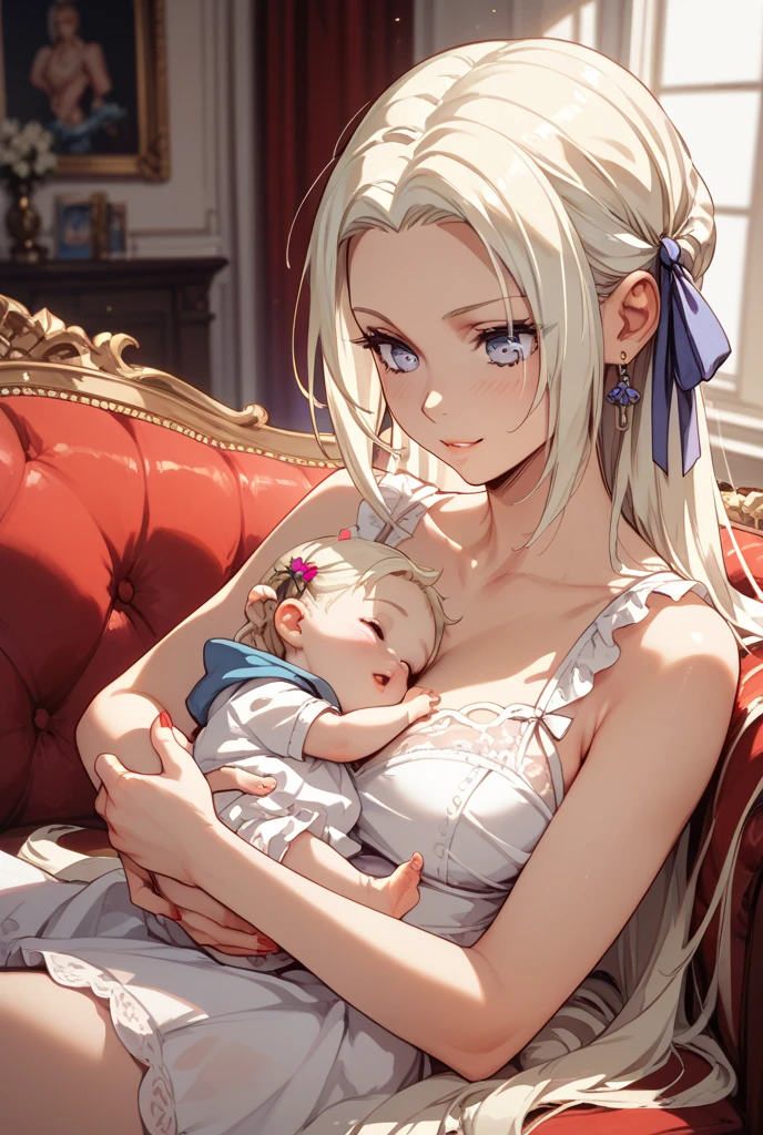 medieval fantasy setting, a white-haired woman , white nightgown breastfeeding her newborn baby, silver haired, in your medieval rooms