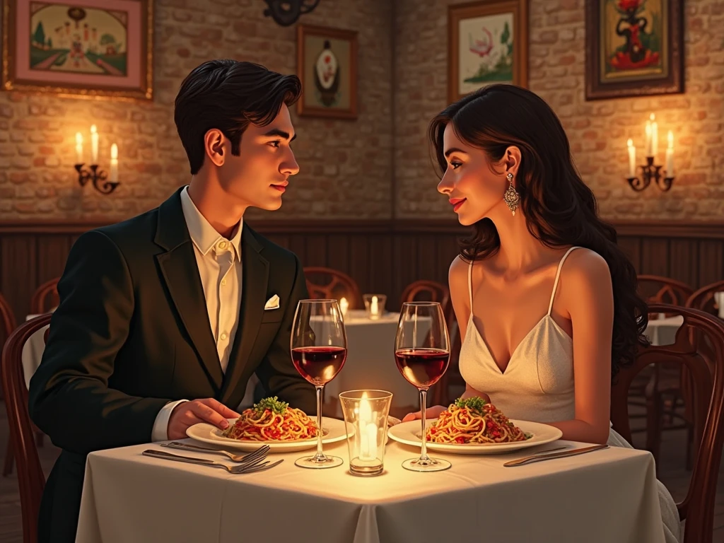 A handsome man and a beautiful woman are sitting on a chair at a dining table. On the dining table are various fruits and curry rice. They are talking.