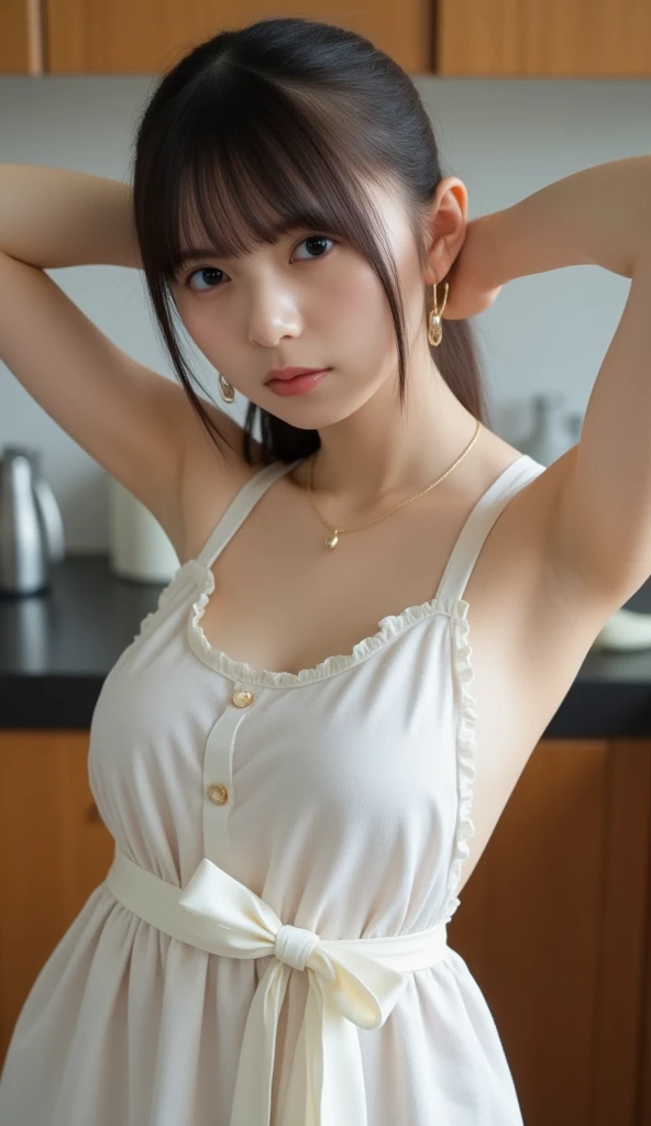 (top-quality,​masterpiece:1.3,超A high resolution,),(ultra-detailliert,Caustics),(Photorealsitic:1.4,RAW shooting,)Ultra-realistic capture,A highly detailed,High resolution 16K human skin close-up。 Skin texture is natural、,The pores are、Must be detailed enough to be easy to identify。 Skin should look healthy with even tones。 Use natural light and color,resturant,Waitress uniform,1 girl,japanes,18year old,kawaii,A dark-haired,Middle hair,(large boob:1.2),smil,Turn your body to the front,(front-facing view:1.2),Looking at the camera,Bust-up shot:1.1,boob focused:1.1,Chest close-up:1.1, sexy pose