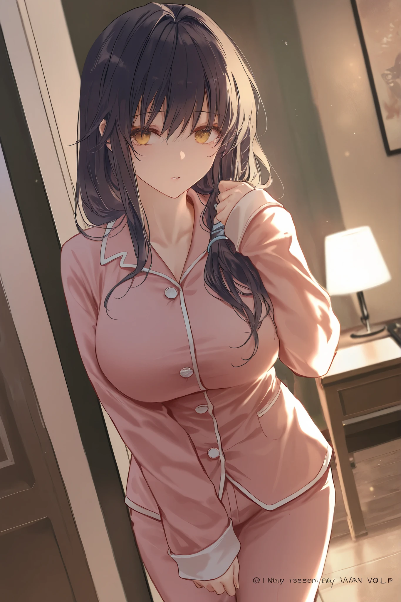 1girl, mature women, realistic skin,perfect ,black hair, long hair, (hair over one eye:1.4), messy hair, hair between eyes,plump, saggy breast, pajama, cute shy blush on , bedroom