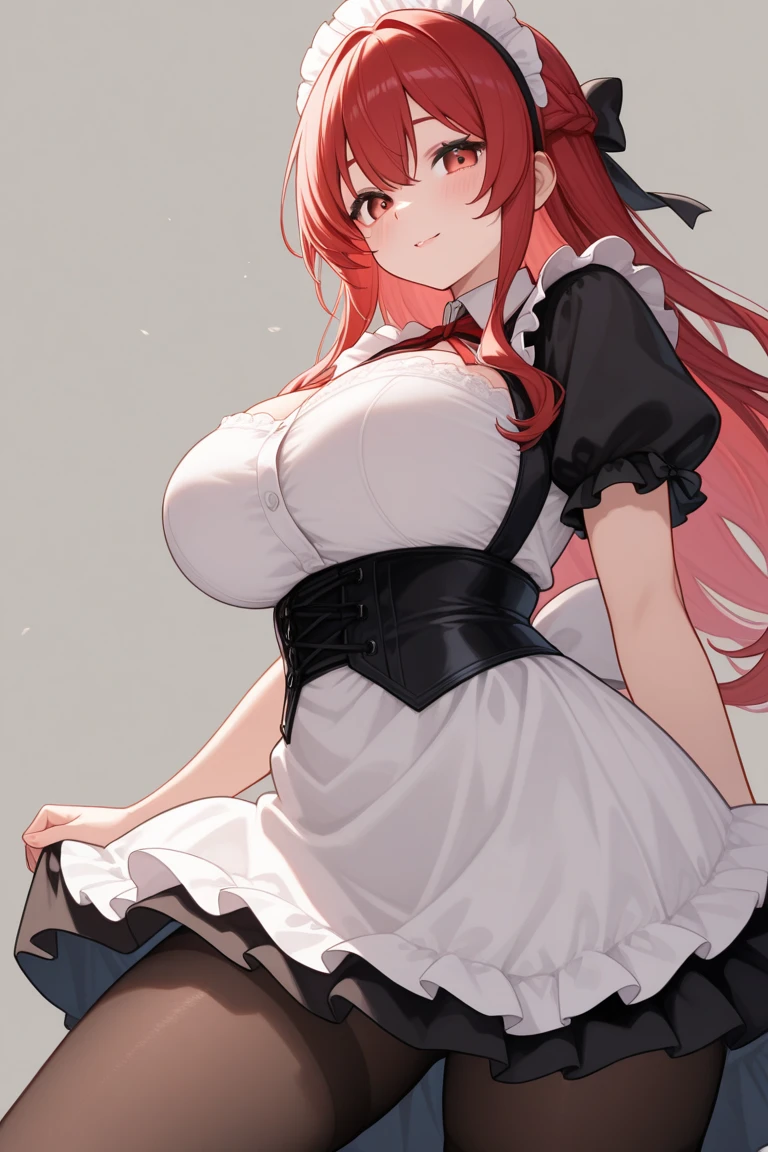 (girl1),(woman1),(Solo portrait of a girl:1,5),(slender body),(structured),(hot),(mature and sexual body),(big ass), (mature and sexual body ), (slender body), (physical attributes such as large breasts and ass), (anime), (white skin color), (super mega hyper gigantic breasts: 1.5), (Long red hair), (Red eyes ),(an 16 year old woman, with white socks),(wearing),+,(Dress:** Generally knee-length or below, with a cut that emphasizes the waist. * **Sleeves:** Long or short, and may have cuffs with details such as ruffles or lace. * **Apron:** An additional piece, usually with ruffles at the bottom and tied at the waist. * **Collar:** Rigid or soft, often with details such as lace or ribbons. * **Beanie or cap:** A head accessory that can vary in style, from the simplest to the most elaborate. * **Socks and shoes:** White socks and dark shoes (like oxford or mary jane) are common choices. **Fabrics:** * **Cotton:** As it is a breathable and resistant fabric, it is often used in work uniforms. * **Linen:** Another natural fabric, known for its durability and freshness. * **Lace:** Used for decorative details, such as on the collar, cuffs and apron. **Colors:** * **White:** The most common color, associated with cleanliness and purity. * **Black:** Often used for details such as bands, buttons and shoes, creating a contrast with white.),(Super short skirt:1.5)